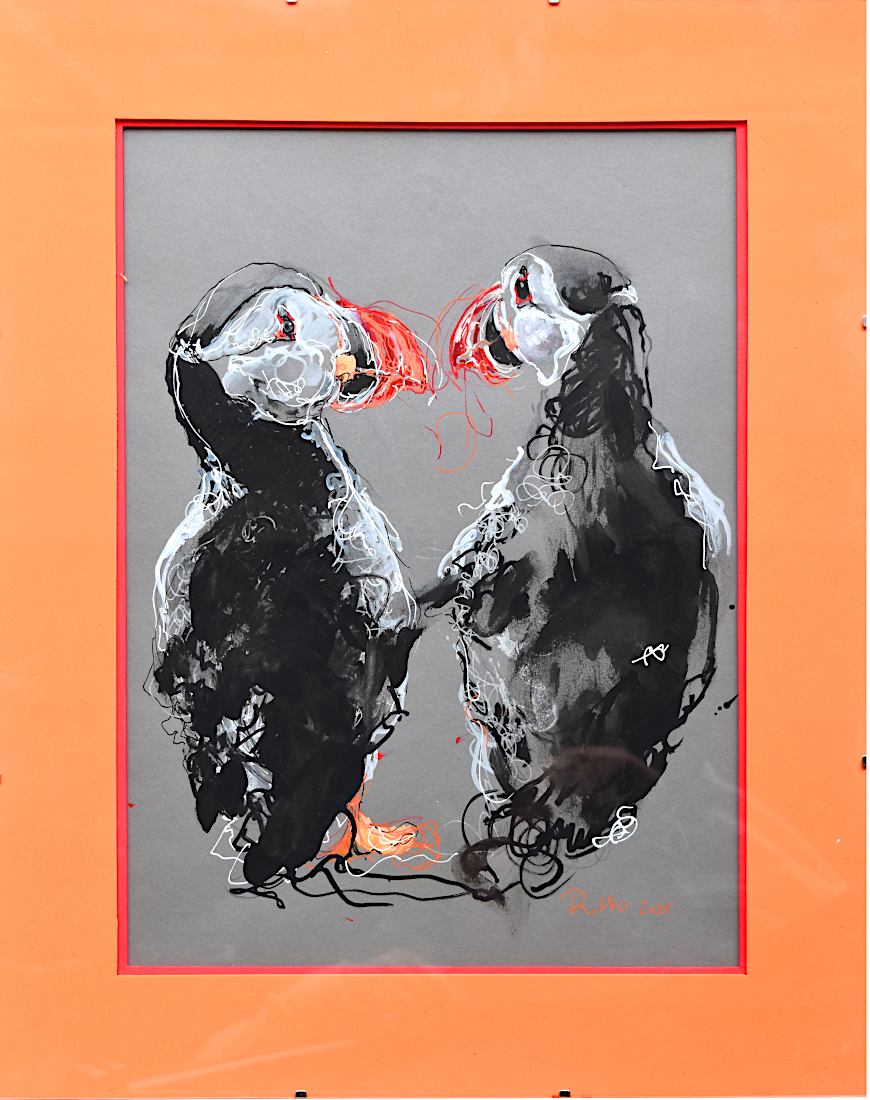 Piet.sO - contemporary drawing of a bird, couple of puffins. Acrylic on paper