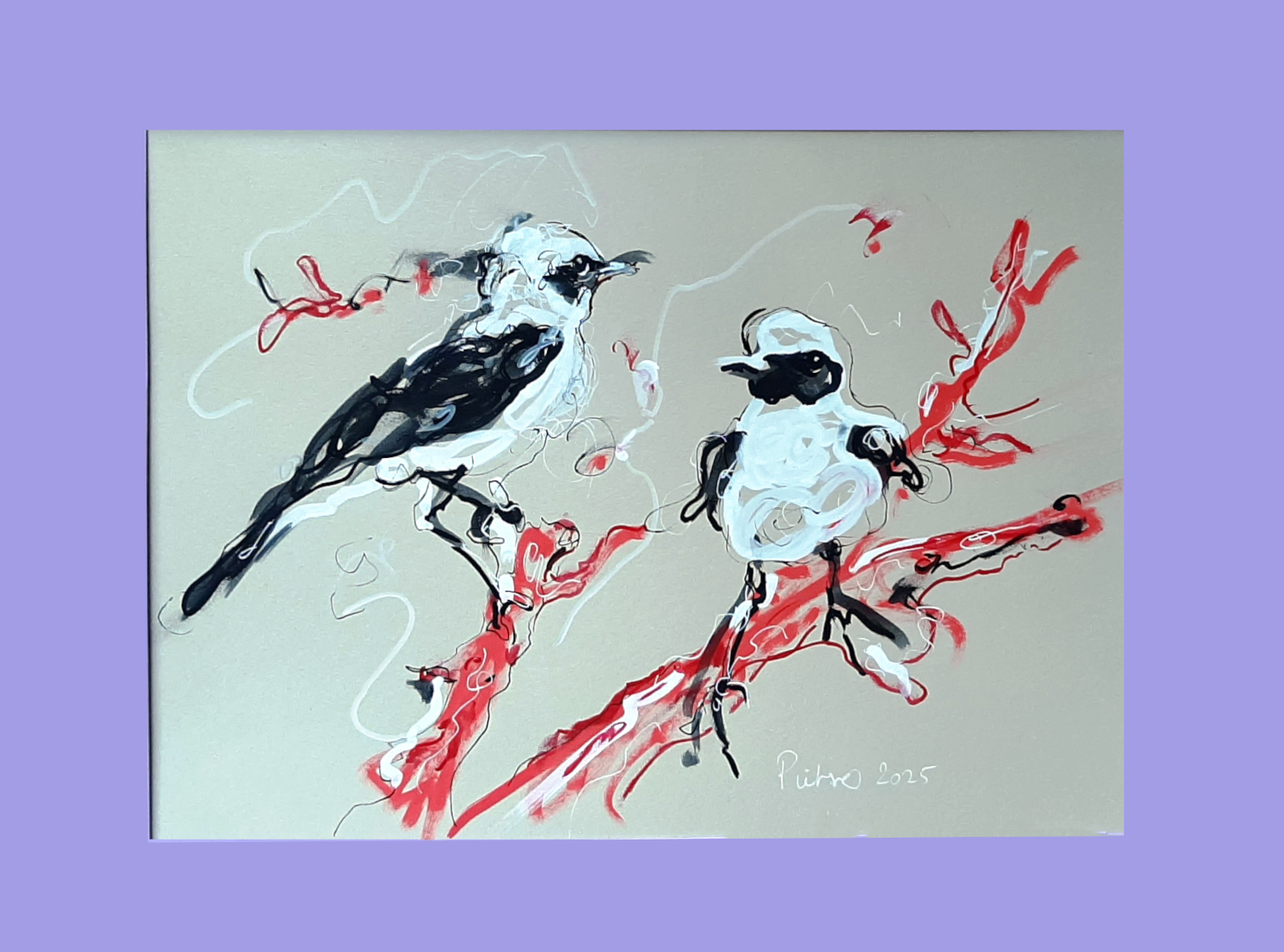 Piet.sO - contemporary drawing of a bird, couple of wheatears. Acrylic on paper, contemporary art