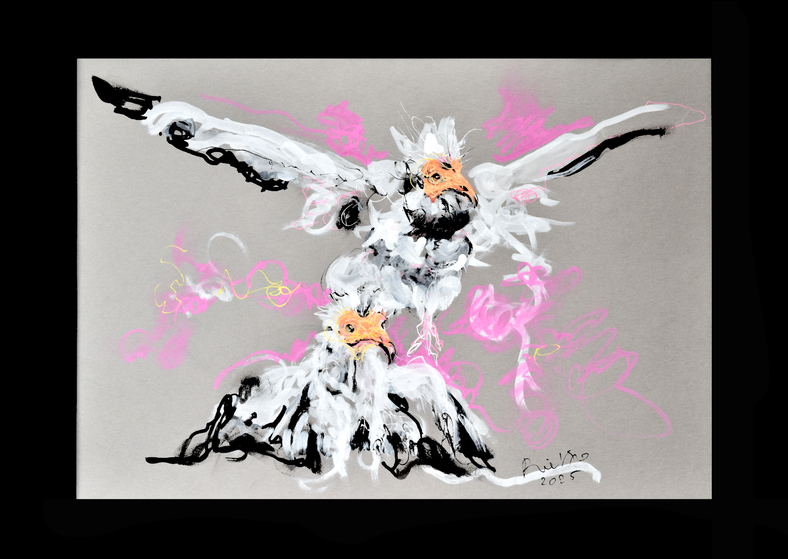 Piet.sO - contemporary drawing of a bird, couple of percnoptere vultures . Acrylic on paper