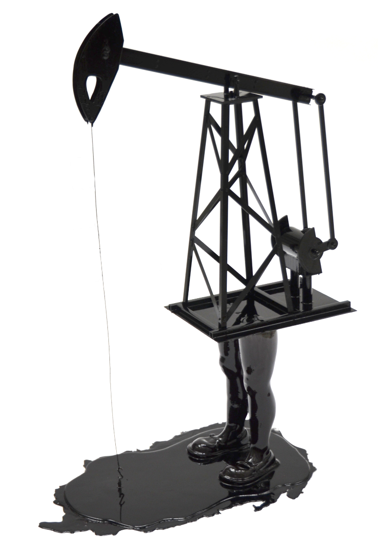  black oil sculpture of a derrick porté with little girl legs- Exhibition savez-vous planter les choux - Piet.sO - sculpture contemporaine mixed media Espace d'art contemporain Jean Prouvé Issoire, France.