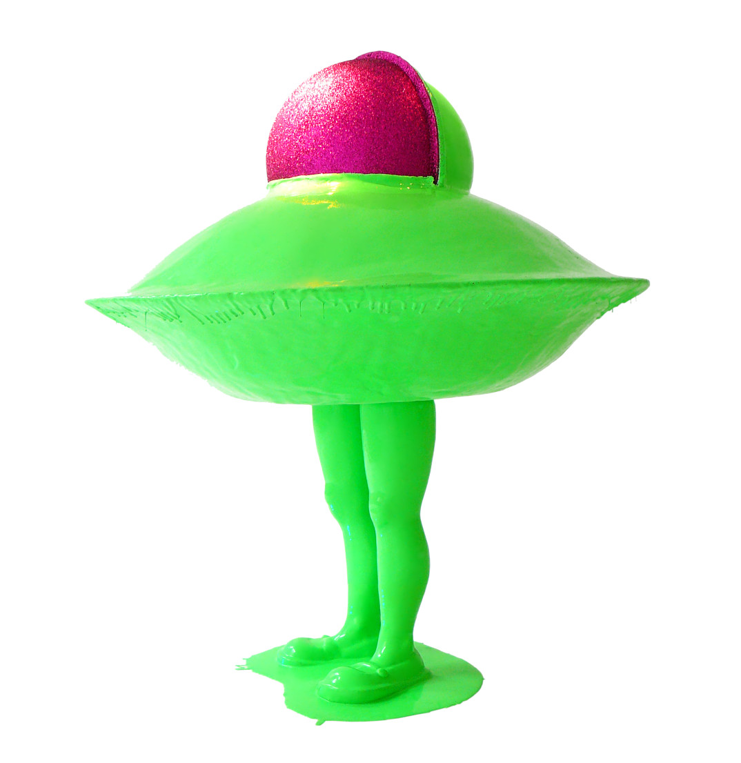 contemporary sculpture of a flying saucer or UFO with a pair of litlle girl legs, Piet.sO in acrylic resin and green fluo silicon