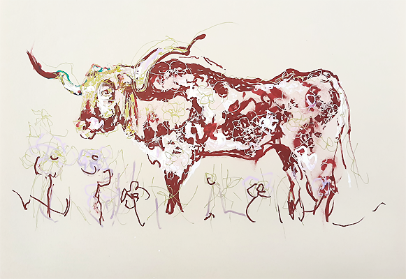 Anna fleur - Piet.sO - dessin contemporain de vaches dessinées de la main gauche- feutre acrylique sur papier. journal dessiné. Dessin de la mauvaise main.Exposition personnelle : savez-vous planter les choux - Piet.sO - Espace d'art contemporain Jean Prouvé d'Issoire