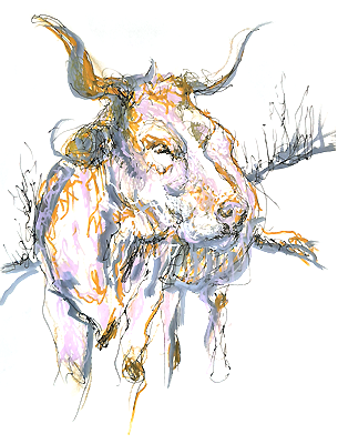 saturday - Piet.sO - cow drawing sketch. personal exhibition : savez-vous planter les choux - Piet.sO - Espace d'art contemporain Jean Prouvé, Issoire, France - acrylic on paper, gaucherie. wrong hand drawing.