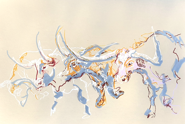 encore en corne- Piet.sO - cow drawing sketch. personal exhibition : savez-vous planter les choux - Piet.sO - Espace d'art contemporain Jean Prouvé, Issoire, France - acrylic on paper, gaucherie. wrong hand drawing.e