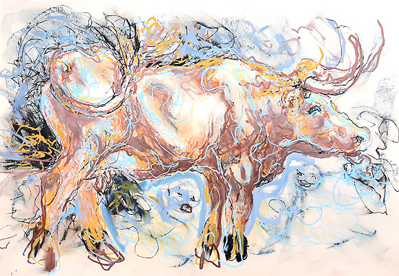 contemporary drawing of cow,personal exhibition : savez-vous planter les choux - Piet.sO - Espace d'art contemporain Jean Prouvé, Issoire, France - pastel on paper, gaucherie. wrong hand drawing, Piet.sO pietso