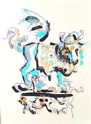  magical cow fluo- Piet.sO - cow contemporary drawing painting. personal exhibition : savez-vous planter les choux - Piet.sO - Espace d'art contemporain Jean Prouvé, Issoire, France - pastel on paper, gaucherie. wrong hand drawing fluo