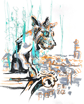 contemporary drawing of gargoyle, vache parisienne - cow contemporary drawing painting. personal exhibition : savez-vous planter les choux - Piet.sO - Espace d'art contemporain Jean Prouvé, Issoire, France - pastel on paper, gaucherie. wrong hand drawing fluo