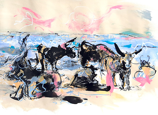 contemporary painting of cow,personal exhibition : savez-vous planter les choux - Piet.sO - Espace d'art contemporain Jean Prouvé, Issoire, France - pastel on paper, gaucherie. wrong hand painting
