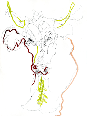 la vache qui habitait ma main gauche et je ne le savais pas. Exposition personnelle : savez-vous planter les choux - Piet.sO - Espace d'art contemporain Jean Prouvé d'Issoire - dessin au feutre acrylique sur papier.