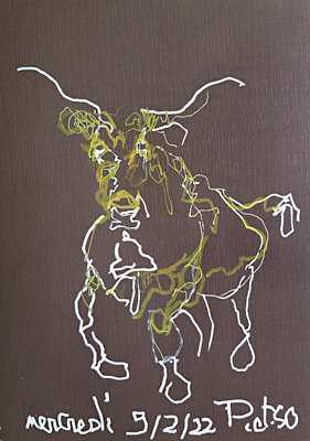 mercredi - Piet.sO - cow drawing sketch. personal exhibition : savez-vous planter les choux - Piet.sO - Espace d'art contemporain Jean Prouvé, Issoire, France - acrylic on paper.