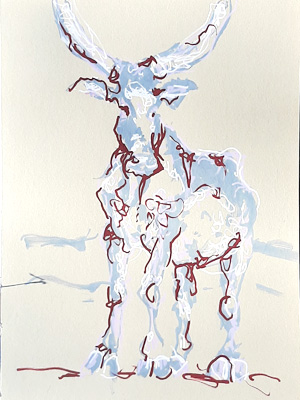 cow contemporary drawing . personal exhibition : savez-vous planter les choux - Piet.sO - Espace d'art contemporain Jean Prouvé, Issoire, France - pastel on paper, gaucherie. wrong hand drawing.