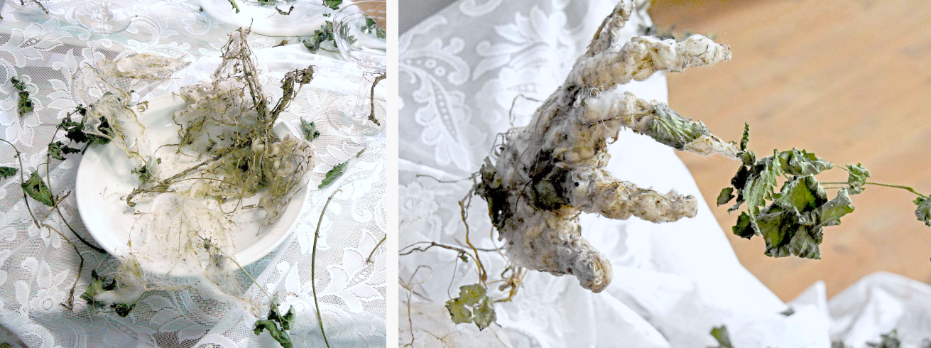 sculpture installation festin à base d'orties et de papier végétal à base de fibre d'ortie - technique mixte - Piet.sO 2018.
