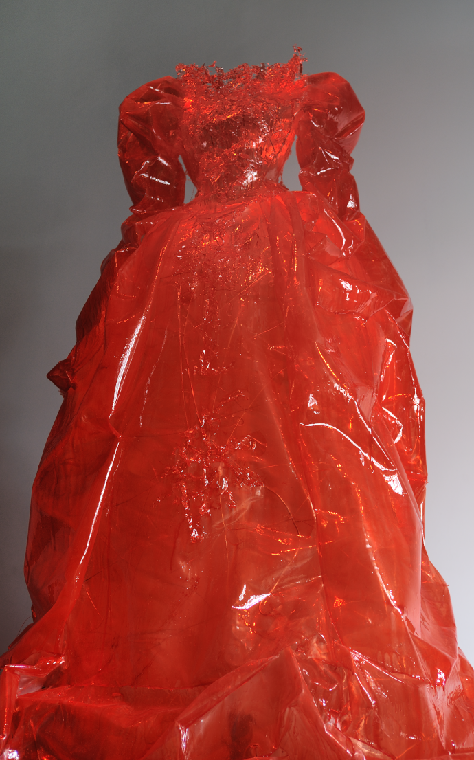 Piet.sO Red in Red, Baba yaga, contemporary sculpture of a big transparent and luminous red dress, visual arts.
