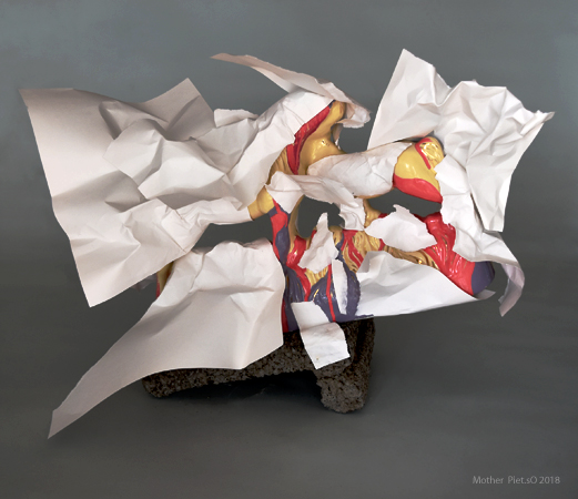 Piet.sO, don't follow me, art contemporain, sculpture collage papier sur céramique de récupération.