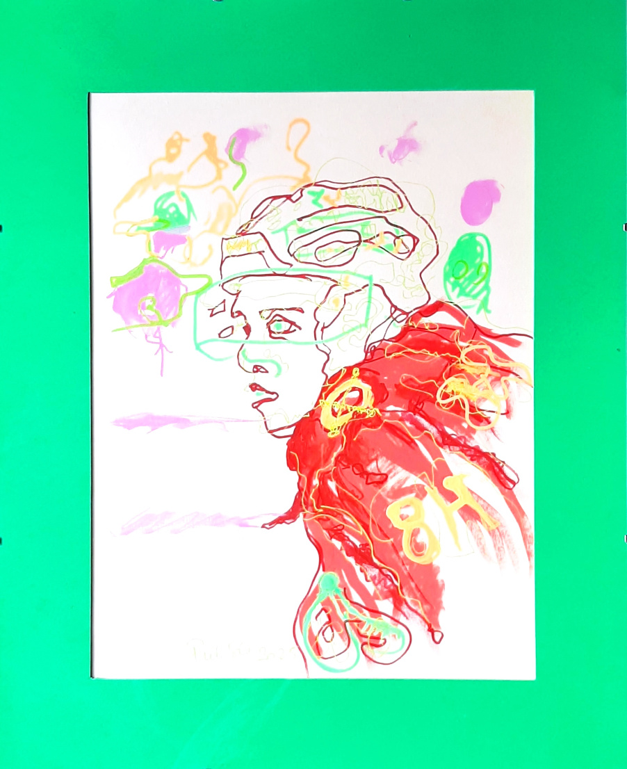 portrait d'un jouer de hockey au feutre acrylique sur papier de l'artiste Piet.sO, art contemporain et temps. JE T'AIME, TEMPS - expo personnelle - LA LICORNE, St-Germain-Lembron, Auvergne-Rhone-Alpes