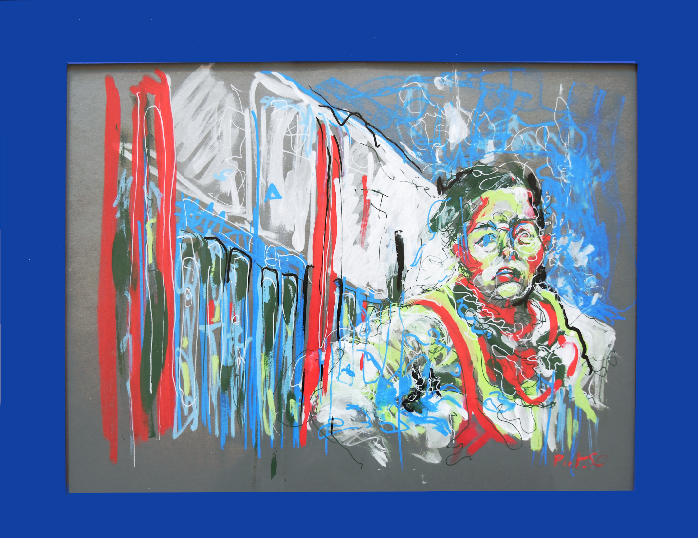 portrait of a traveller  in front a connuter train.  Contemporary drawing from a photo of the film <em>À plein temps</em> directed by Eric Gravel with Laure Calamy, personal exhibition about time 2025, Auvergne, France
