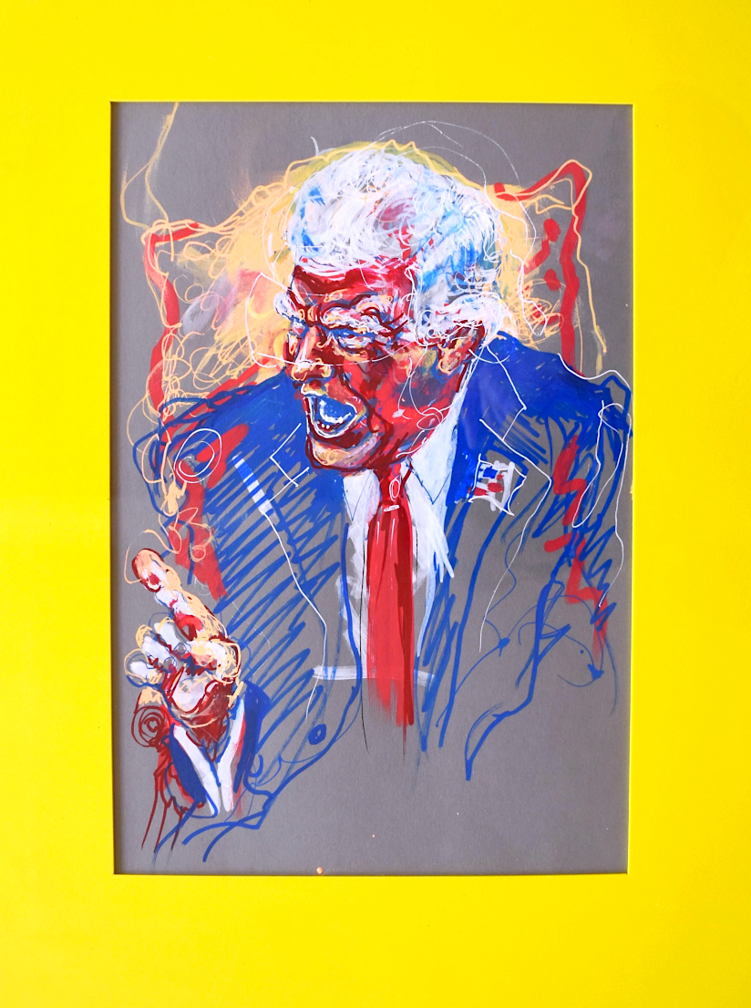  Piet.sO - T - contemporary drawing acrylic felt-tip pen on paper. artist Piet.sO, contemporary art and time. Time frozen like this image of Donald Trump taken from his meeting with Volodomyr Zelensky on February 28th, 2025.