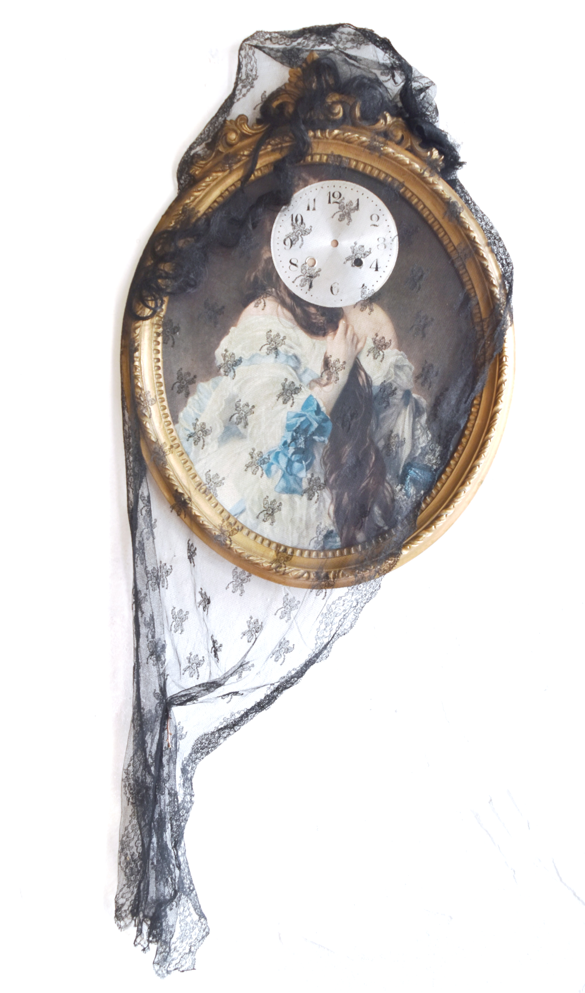  assemblage collage tableau , Portrait of a lady with dial in place of her face , hair, and mantilla