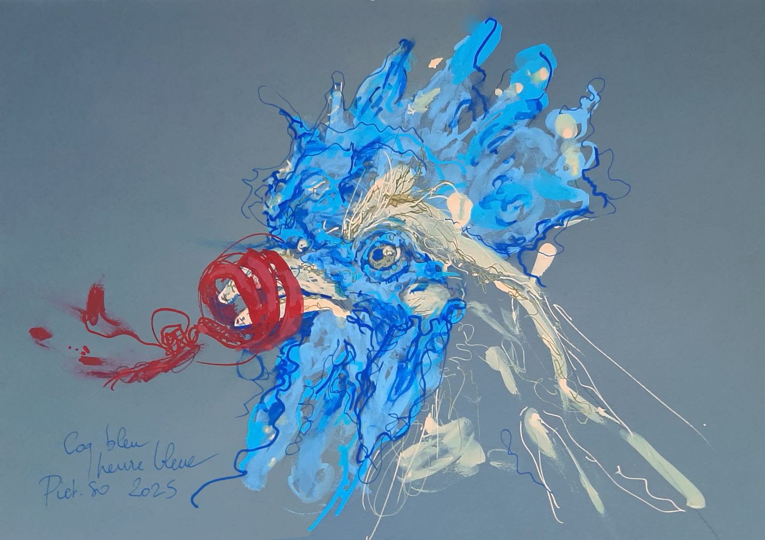  The blue hour, art, painting drawing with acrylic felt-tip pen - portrait of a blue rooster.
