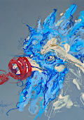 dessin peinture contemporaine - feutre acrylique, coq bleu, Piet.sO 2025