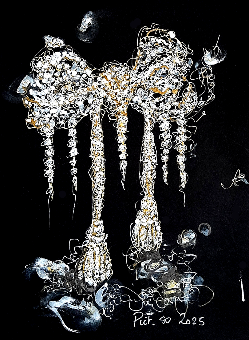 Dessin de la broche grand noeud de corsage de l'impératrice Eugénie. Un des huit bijoux des Diamants de la Couronne de la galerie d'Apollon dérobés au Musée du Louvre, à Paris en 2025.Ces dessins au feutre acrylique sur papier noir questionnent la place de ces pièces d'orfèvrerie parmi les oeuvres d'art du Louvre.