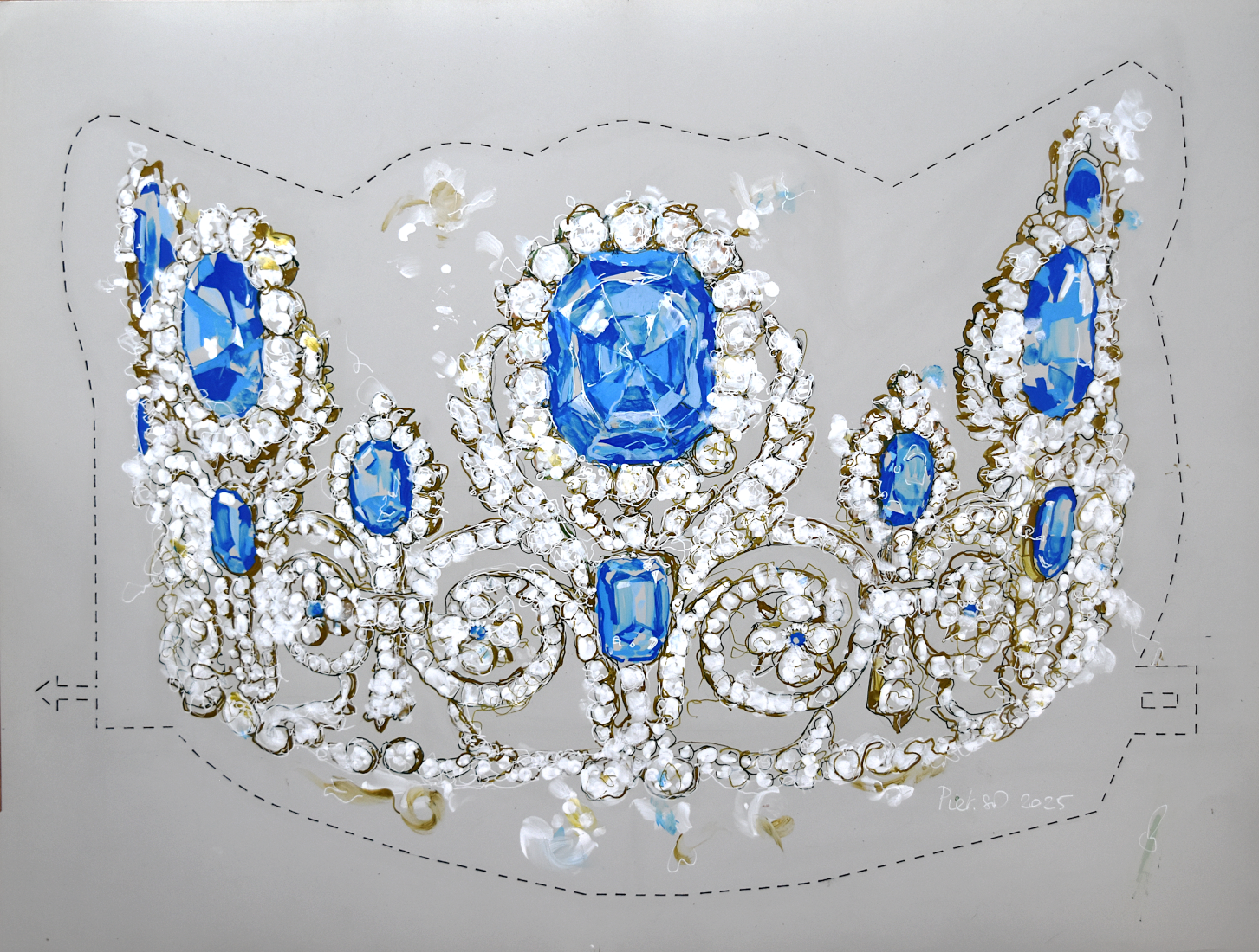 Dessin du diadème de la parure de saphirs de la reine Marie-Amélie et de la reine Hortense. Un des huit bijoux des Diamants de la Couronne de la galerie d'Apollon dérobés au Musée du Louvre, à Paris en 2025.Ces dessins au feutre acrylique sur papier noir questionnent la place de ces pièces d'orfèvrerie parmi les oeuvres d'art du Louvre.