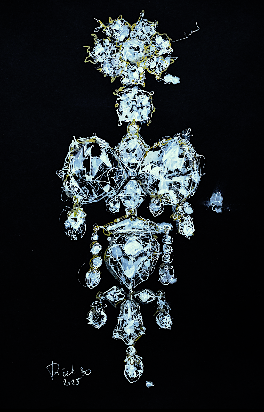 Dessin de la broche reliquaire de l'impératrice Eugénie dont les deux diamants au sommet sont les 17ème et 18ème Mazarins utilisés par Louis XIV comme boutons de justaucorps. Ces dessins au feutre acrylique sur papier noir questionnent la place de ces pièces d'orfèvrerie parmi les oeuvres d'art du Louvre..