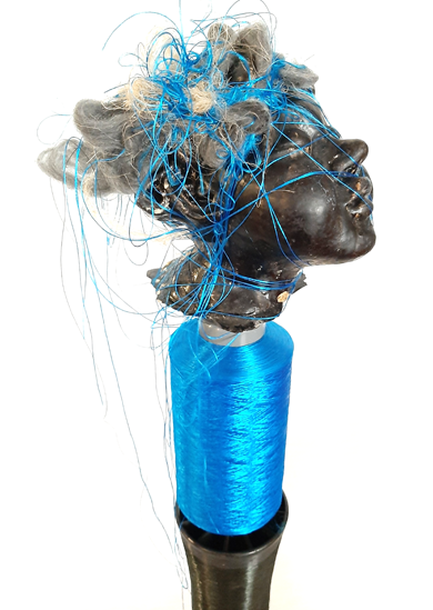  Bobbin, Piet.sO - contemporary sculpture, mixed media 2022. Personal exhibition Issoire, France, art center Jean Prouvé. black and blue thread