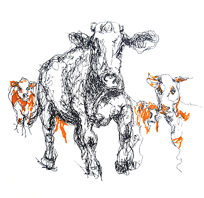 wild cow - Piet.sO - cow drawing sketch. personal exhibition : savez-vous planter les choux - Piet.sO - Espace d'art contemporain Jean Prouvé, Issoire, France - acrylic on paper, gaucherie. wrong hand drawing.