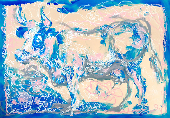 contemporary drawing of a blue cow, personal exhibition : savez-vous planter les choux - Piet.sO - Espace d'art contemporain Jean Prouvé, Issoire, France - pastel on paper, gaucherie. wrong hand drawing