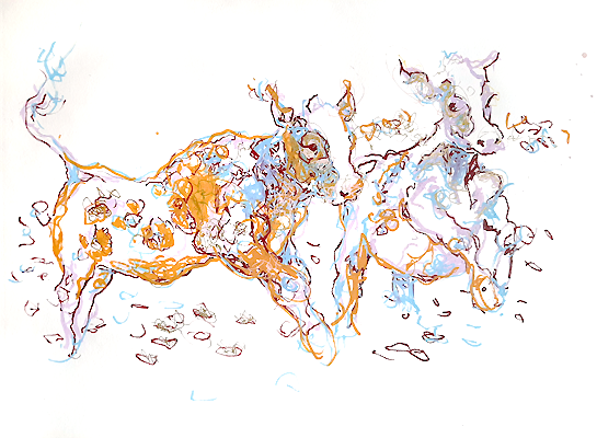 Spring - Piet.sO - drawing sketch of calfs. personal exhibition : savez-vous planter les choux - Piet.sO - Espace d'art contemporain Jean Prouvé, Issoire, France - acrylic on paper, gaucherie. wrong hand drawing.