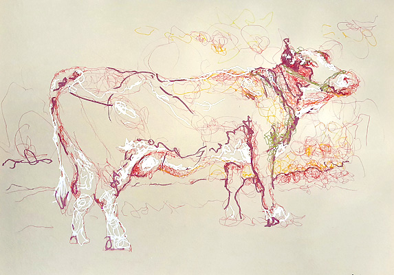  milk cow drawing sketch. personal exhibition : savez-vous planter les choux - Piet.sO - Espace d'art contemporain Jean Prouvé, Issoire, France - acrylic on paper, gaucherie. wrong hand drawing.