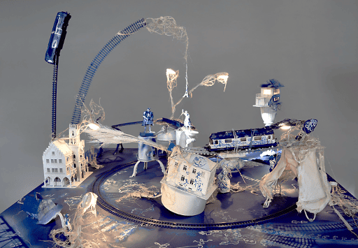 contemporary art installation, trains miniature, circuit, tags art Piet.sO 2023 