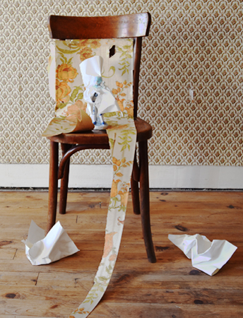 Piet.sO, art now,  contemporary art,installation with wall paper crumpled paper on statuette and chair in an old hotel in France. marriage, wedding